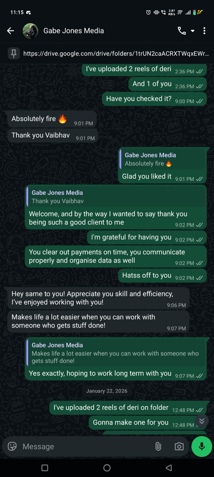 WhatsApp testimonial from Gabe Jones, Gabe Jones Media, praising FrameshiftHQ's work and reliability