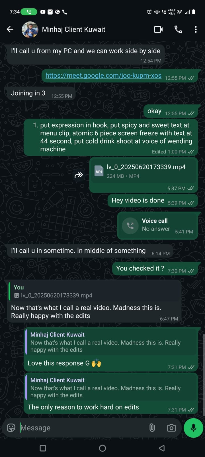 WhatsApp testimonial from Minhaj, client in Kuwait, praising the video edit
